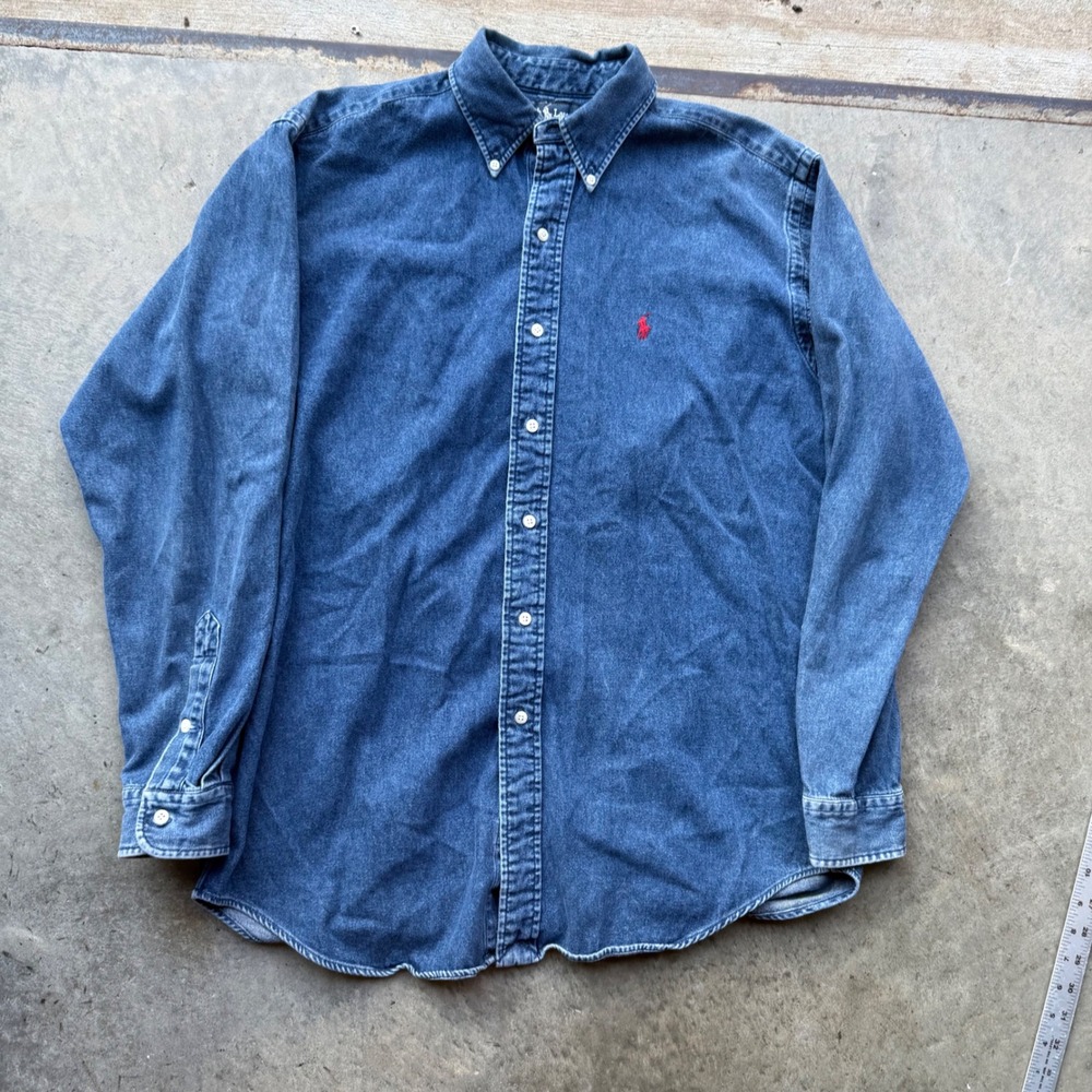 Polo Ralph Lauren Blaire Denim Shirt Mens Medium Blue Long Sleeve Red Pony VTG